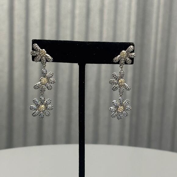 Triple Daisy Rhinestone Drop Earrings Silver Tone Floral Statement - Picture 1 of 7